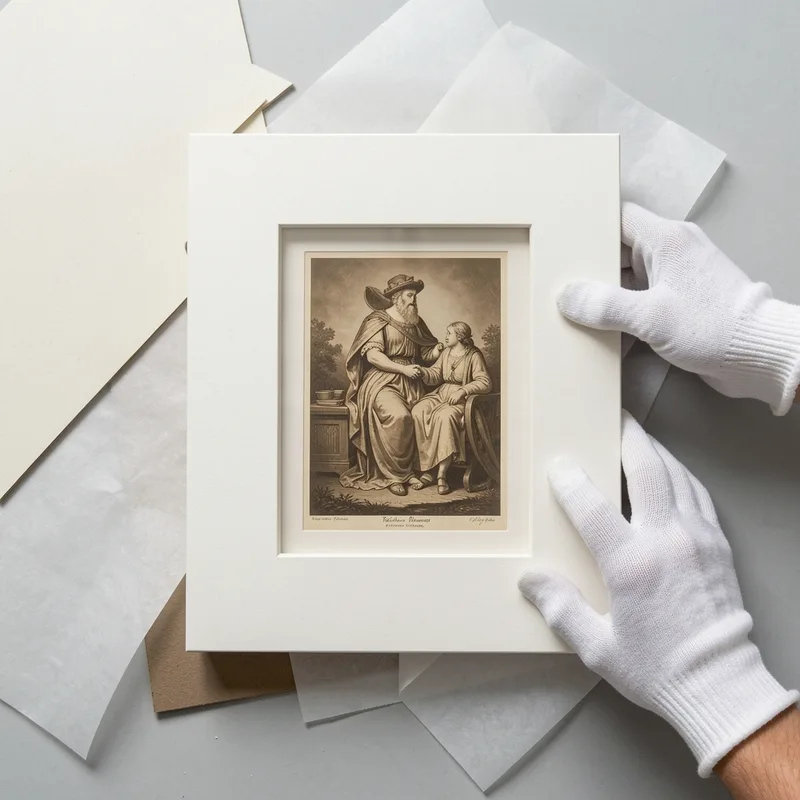 Carton d&rsquo;encadrement découpé d&rsquo;une fenêtre posé sur une estampe ancienne, sur un établi d&rsquo;atelier