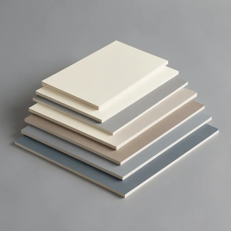 Empilement de cartons d&rsquo;encadrement de teintes crème, gris et bleu sombre vus de trois quarts