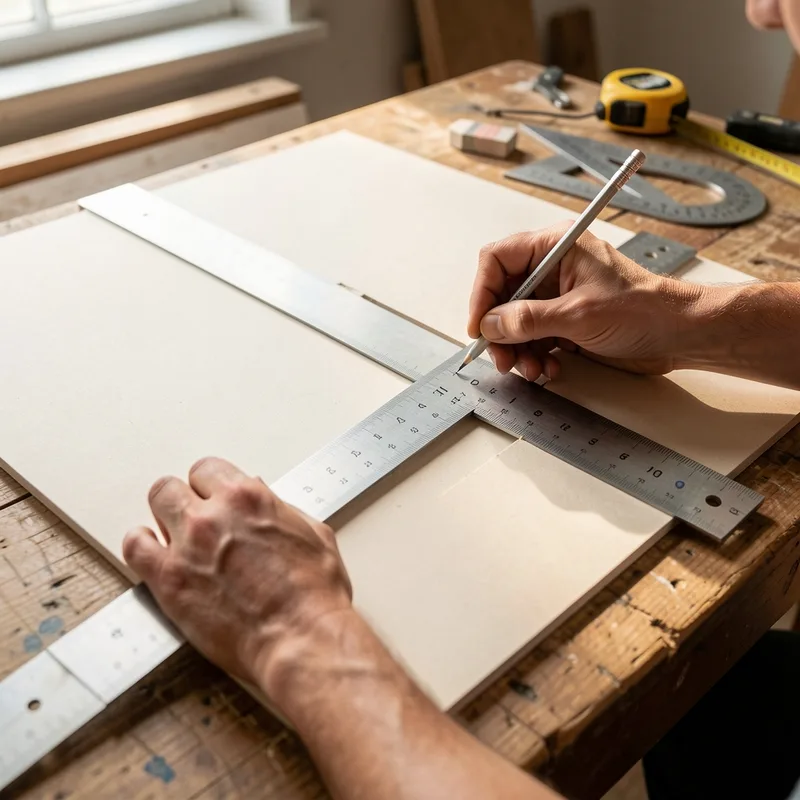 Encadreur traçant les cotes d&rsquo;une fenêtre au crayon sur un carton clair avec une règle métallique