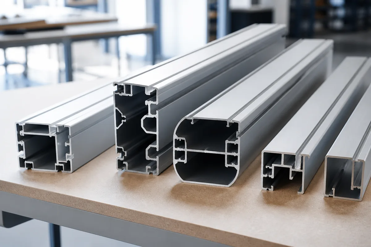 Profilés en aluminium anodisé de plusieurs sections posés côte à côte sur un plan de travail