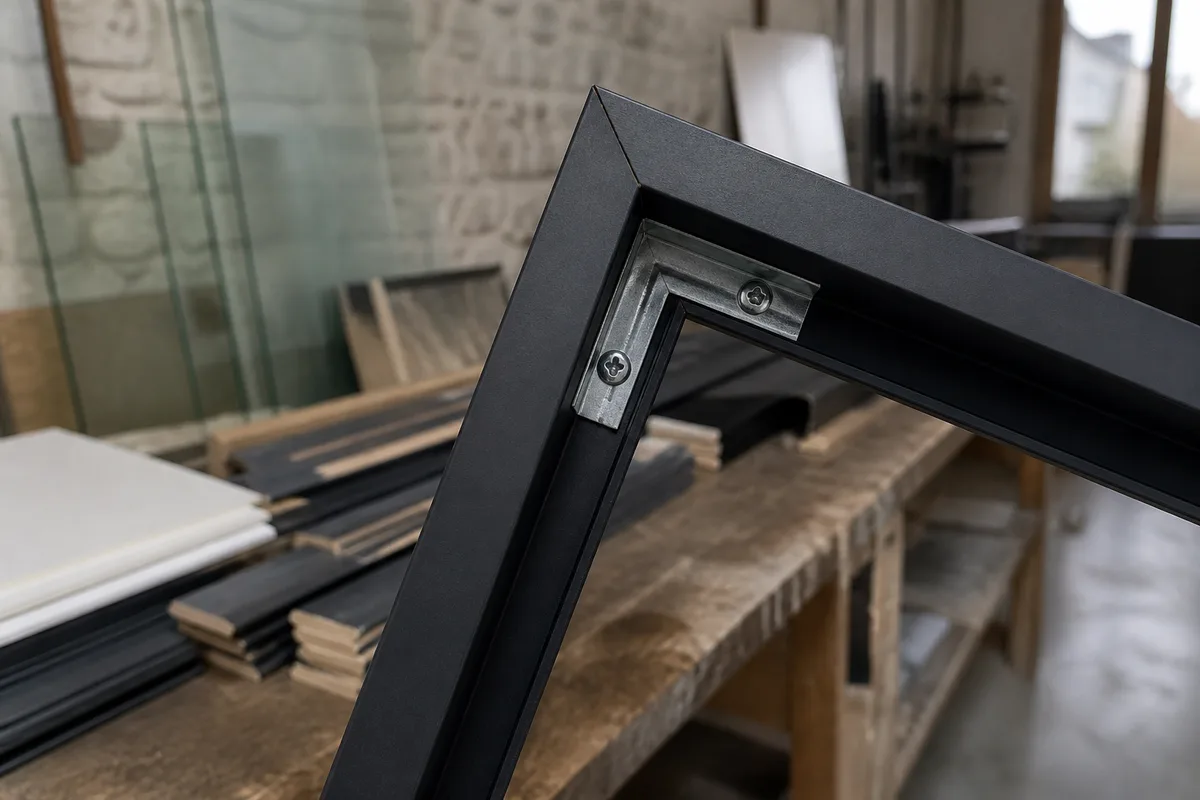 Angle d&rsquo;un cadre aluminium noir montrant la jonction d&rsquo;onglet et l&rsquo;équerre interne