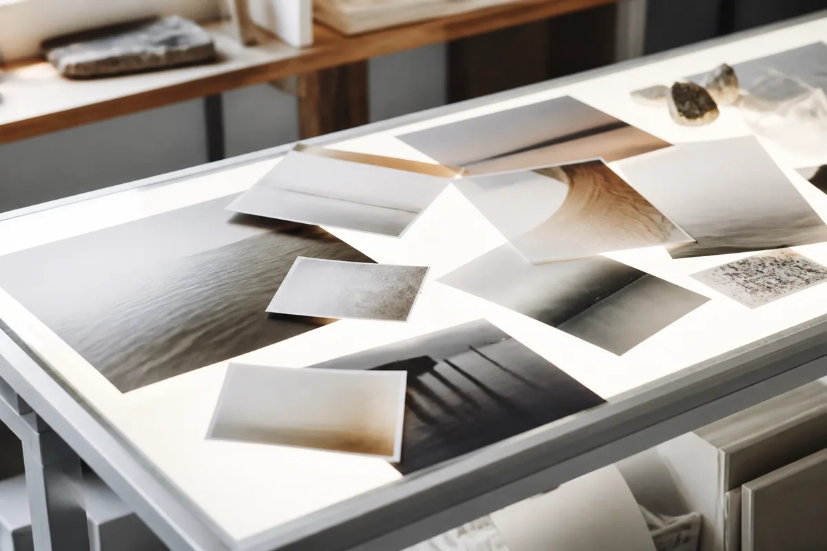 Tirages photographiques de plusieurs formats étalés sur une table lumineuse