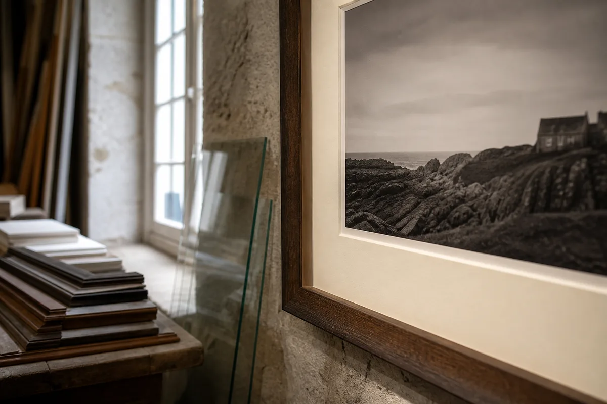 Photographie encadrée sous passe-partout blanc cassé accrochée près d’une fenêtre