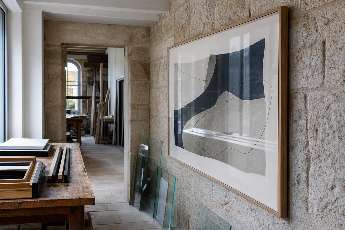 Grand cadre à vitrage acrylique accroché dans un couloir lumineux