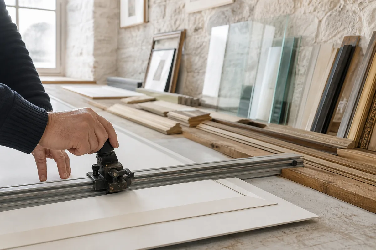 Découpe d&rsquo;un passe-partout en biseau sur une table de coupe d&rsquo;atelier