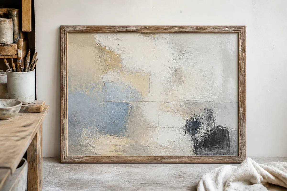 Tableau encadré d&rsquo;une baguette en bois patiné posé contre un mur clair d&rsquo;atelier