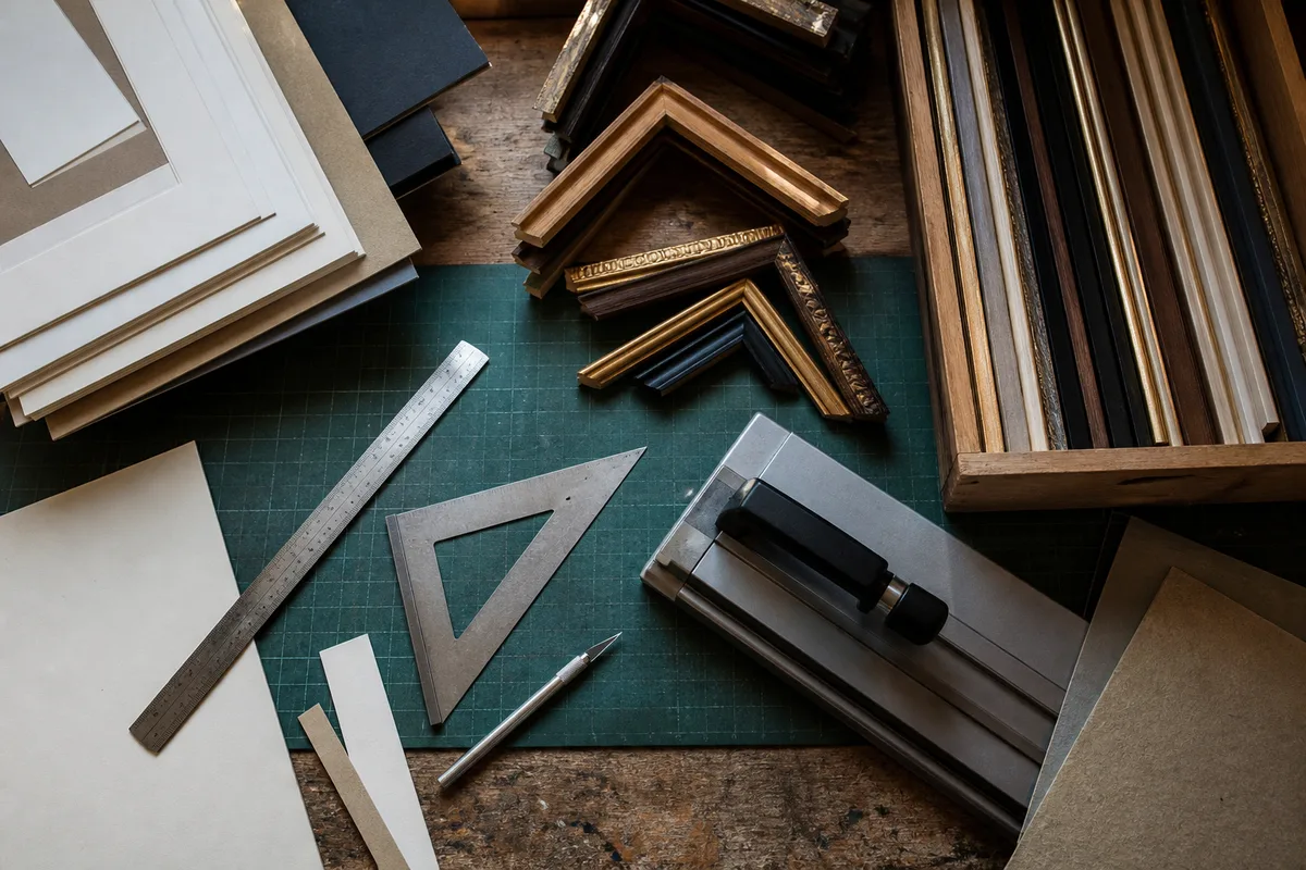 Établi d&rsquo;atelier d&rsquo;encadrement avec baguettes, cartons et outils de coupe